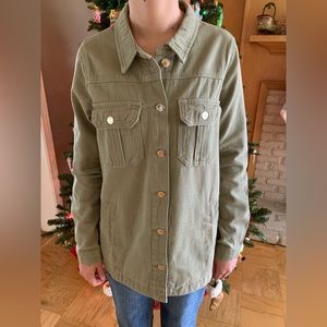 Olive colored button down denim shirt/jacket with front pockets.